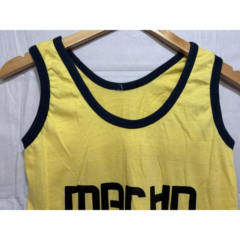 Vintage Yellow Tank Top with Black Trim and 'Macho Man' Graphic